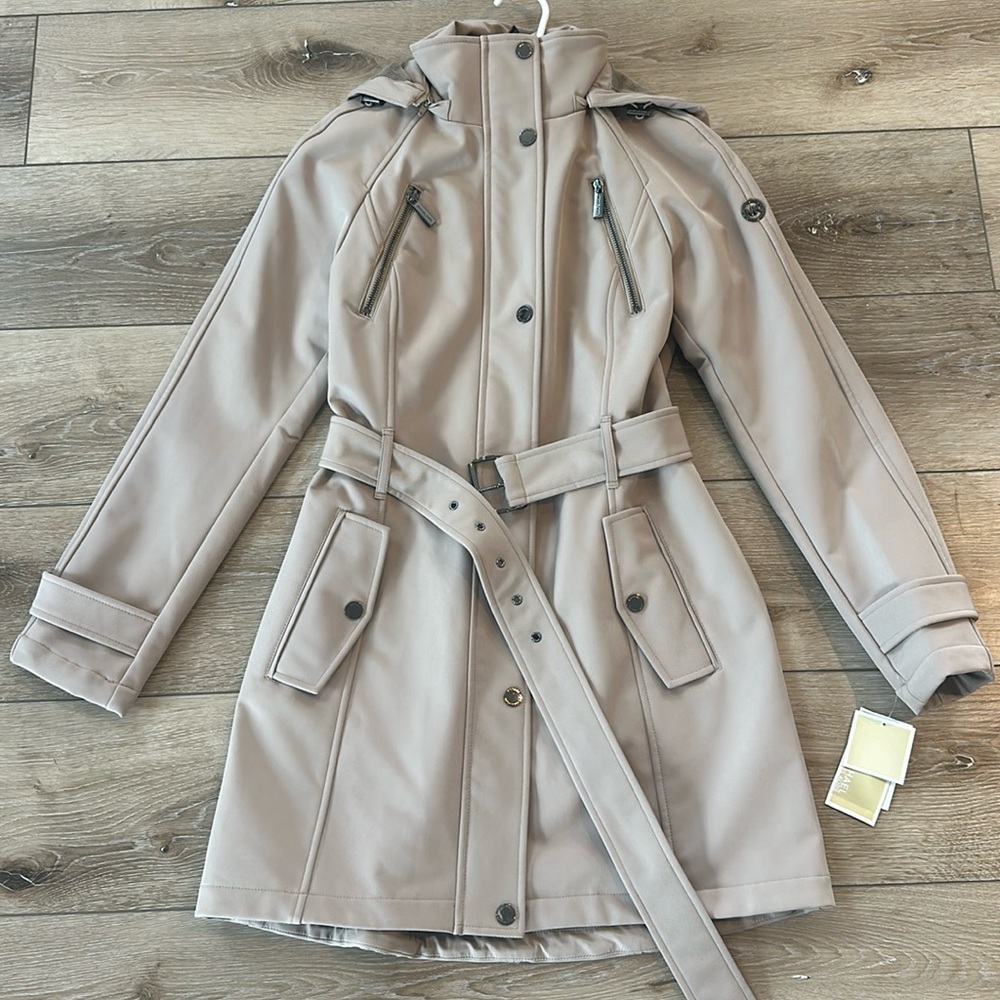 NWT Michael Kors Trench Coat Belted Jacket Tan Taupe Water Resistent Jacket XS